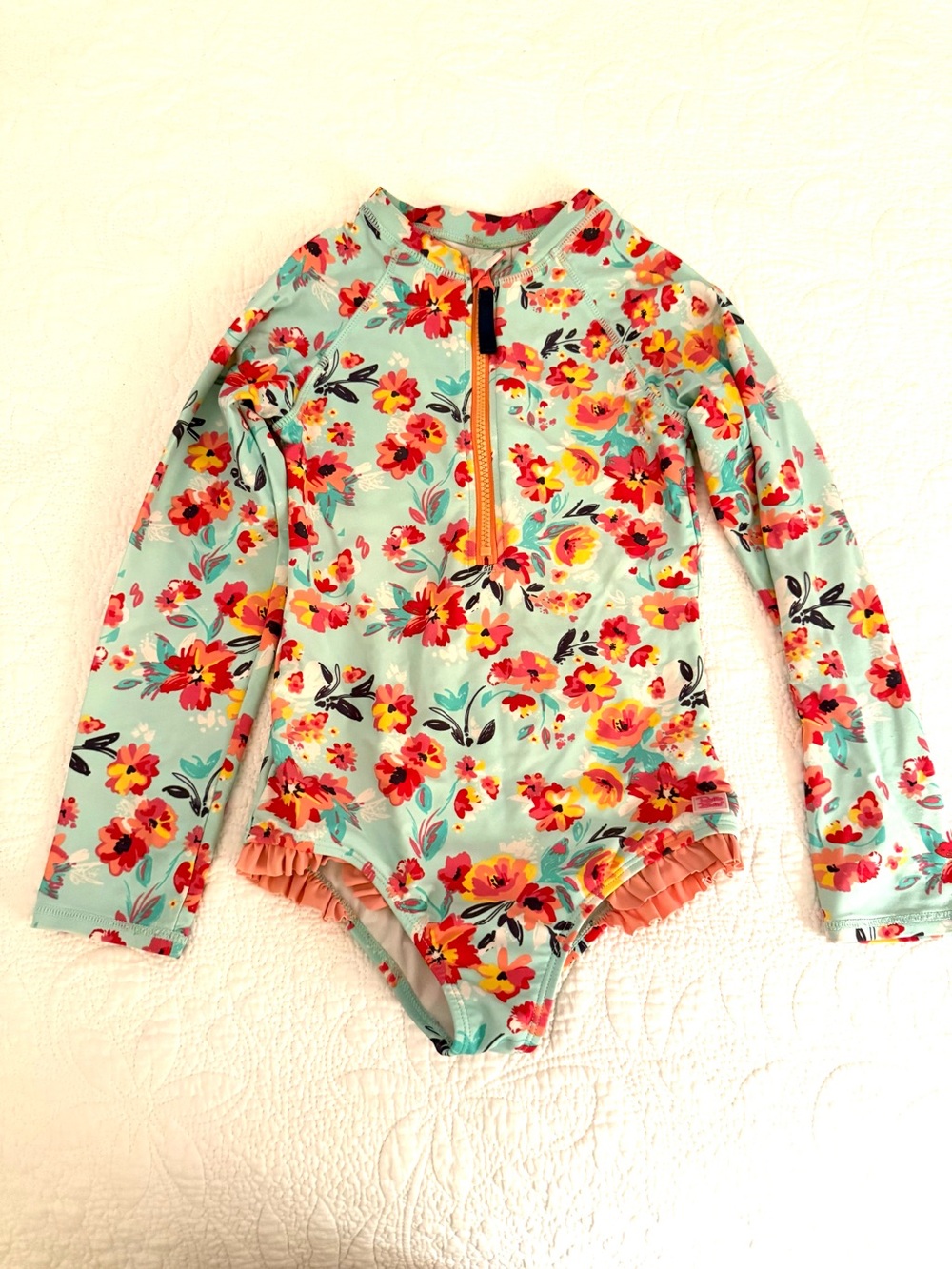 Ruffle Butts Mint One-Piece long sleeve Swim Suit rashguard size 8, M medium